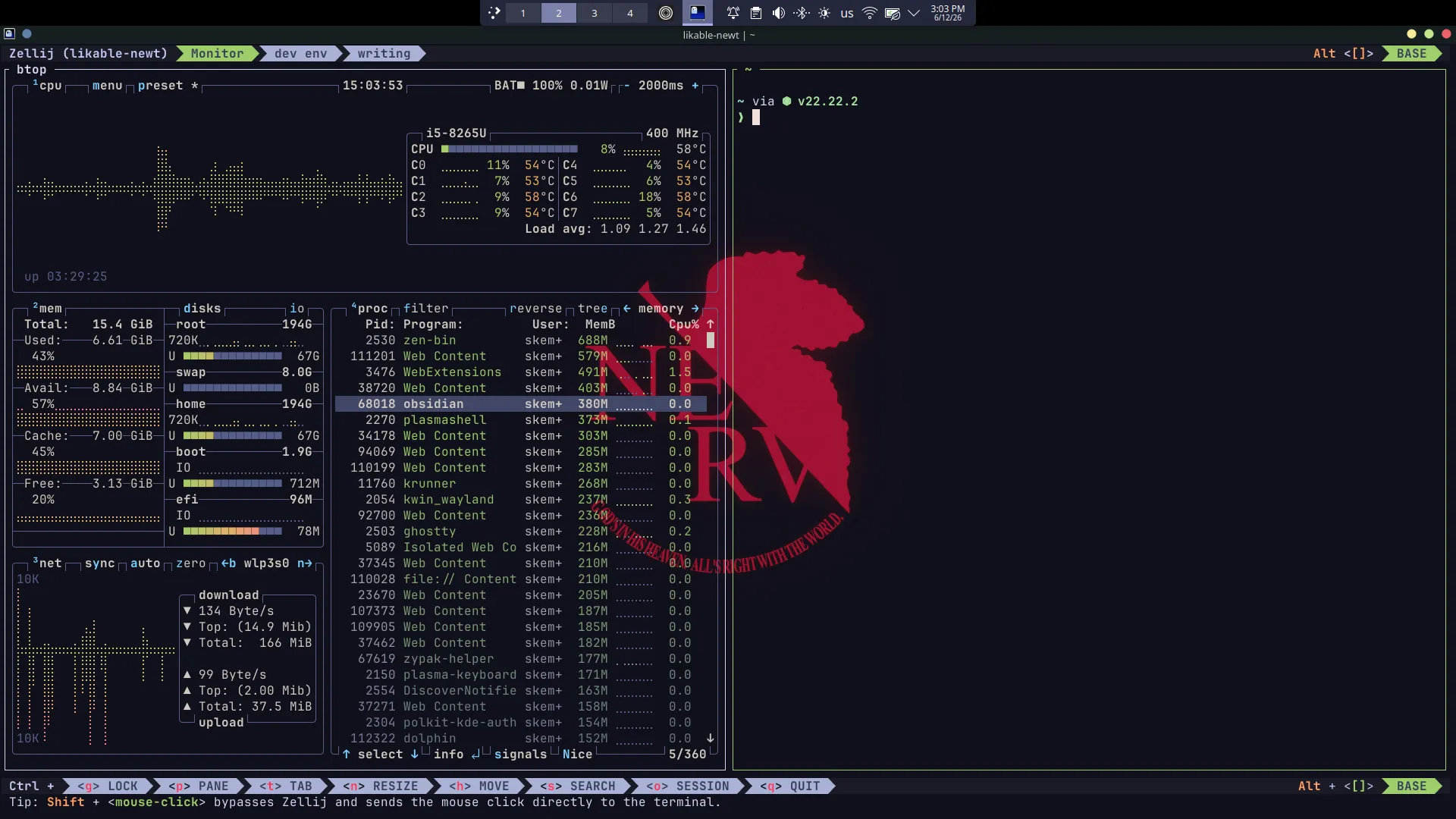 Terminal  screenshot using zellij with a transparent background